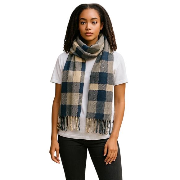 J. Crew Scarf Wrap Womens Unisex Blue Tan Plaid Check Knit Tartan Preppy - Picture 4 of 5